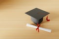 graduation cap and diploma concept background, 3d