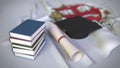 Graduation cap and diploma on the flag with coat of arms of Harvard University. Editorial education related 3D rendering