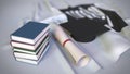 Graduation cap and diploma on the flag with emblem of Massachusetts Institute of Technology MIT. Editorial education