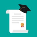 Graduation cap and diploma icon flat design