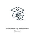 Graduation cap and diploma outline vector icon. Thin line black graduation cap and diploma icon, flat vector simple element Royalty Free Stock Photo