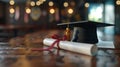 Graduation cap and diploma with red ribbon on wooden table with bokeh lights background Royalty Free Stock Photo