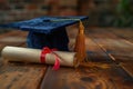 Graduation cap and diploma with red ribbon on wooden table with bokeh lights background Royalty Free Stock Photo