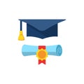 Graduation cap and diploma rolled scroll flat design icon.