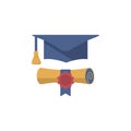 Graduation cap and diploma rolled scroll flat design icon.