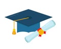 Graduation cap and diploma rolled scroll. Royalty Free Stock Photo