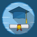 Graduation cap and diploma rolled scroll icon with long shadow Royalty Free Stock Photo