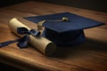 Graduation cap and diploma on rustic wooden table. Ai generative