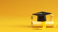 Graduation cap and diploma scroll with black mortarboard, yellow tassel and rolled certificate. 3D illustration Royalty Free Stock Photo