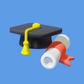 Graduation cap and diploma scroll 3D vector icon isolated. Royalty Free Stock Photo