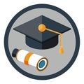 Graduation cap and diploma scroll icon inside a grey circle Royalty Free Stock Photo