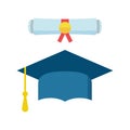 Graduation cap and diploma scroll icon vector illustration in fl