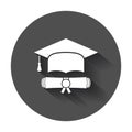 Graduation cap and diploma scroll icon vector illustration in flat style. Royalty Free Stock Photo