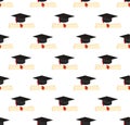 Graduation cap and diploma scroll seamless background. Higher education celebration anniversary symbol pattern. Black texture Royalty Free Stock Photo