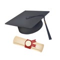 Graduation cap and diploma with seal 3D icon. Hat with tassel, paper scroll with badge 3D vector illustration on white Royalty Free Stock Photo
