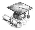 Graduation cap and diploma in sketch style. Academic degree, education concept. Vintage illustration