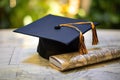 Graduation cap and diploma on the table. Education concept Royalty Free Stock Photo