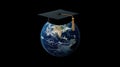 Graduation cap and Earth globe concept emphasizing global education business study and international academic exchange programs Royalty Free Stock Photo