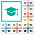 Graduation cap flat color icons with quadrant frames