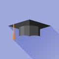 Graduation cap flat icon with long shadow. Mortarboard vector illustration. Royalty Free Stock Photo