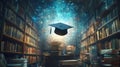 Graduation Cap Floating Above Ancient Bookshelves Royalty Free Stock Photo