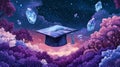 Graduation Cap Floating Above A Magical Forest Night Royalty Free Stock Photo