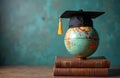 Graduation cap on globe, books stack, education, study abroad concept. International master degree, global learning. Symbol of Royalty Free Stock Photo