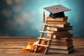 Graduation Cap, globe and Books steps with Back to school education concept background Royalty Free Stock Photo