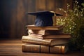 Graduation Cap, globe and Books steps with Back to school education concept background Royalty Free Stock Photo