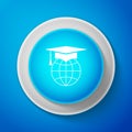 Graduation cap on globe icon isolated on blue background. World education symbol. Online learning or e-learning concept