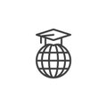 Graduation cap on globe line icon