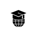 Graduation Cap on Globe, Online World Education. Flat Vector Icon illustration. Simple black symbol on white background. Cap, Royalty Free Stock Photo