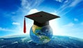 Graduation cap on globe symbolizes global education and knowledge Royalty Free Stock Photo