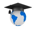 Graduation cap and globe on white background. Isolated 3D illustration