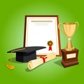 Graduation cap, gold cup and diploma Royalty Free Stock Photo