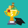 Graduation cap and golden cup championship prize with money icon. Award first place flat style isolated Royalty Free Stock Photo