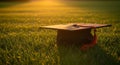 Graduation Cap on Green Grass at Sunset Royalty Free Stock Photo