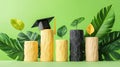 Graduation cap on growth chart, green background, tropical leaves, education success Royalty Free Stock Photo