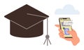 Graduation Cap and Hand Holding Smartphone with Secure Login Screen and Cloud in Background Royalty Free Stock Photo