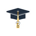 Graduation cap icon in dark blue with a yellow tassel featuring a question mark. The design is Royalty Free Stock Photo