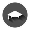 Graduation cap icon in flat style. Education hat vector illustration on black round background with long shadow. University Royalty Free Stock Photo