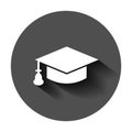 Graduation cap icon in flat style. Education hat vector illustration on black round background with long shadow. University Royalty Free Stock Photo
