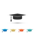 Graduation cap icon isolated on white background. Graduation hat with tassel icon. Set elements in colored icons. Flat Royalty Free Stock Photo