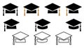 Graduation cap icon set different style student hat outline and filled academic cap. Royalty Free Stock Photo