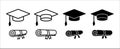 Graduation cap icon set. Diploma, bachelor or master achievement symbol. Mortarboard hat and scroll sign. Vector stock Royalty Free Stock Photo