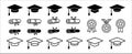 Graduation cap icon set. Diploma, bachelor or master achievement symbol. Mortarboard hat sign. Scroll and medal award vector set Royalty Free Stock Photo