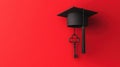Graduation cap with a key hanging on a vibrant red background Royalty Free Stock Photo