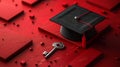 Graduation cap and key on red background representing academic success Royalty Free Stock Photo