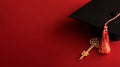 Graduation cap and key on red background Royalty Free Stock Photo