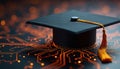 Graduation cap lies on digital circuit. Education meets tech concept. Symbol of knowledge, online learning, cybernetics, computer Royalty Free Stock Photo